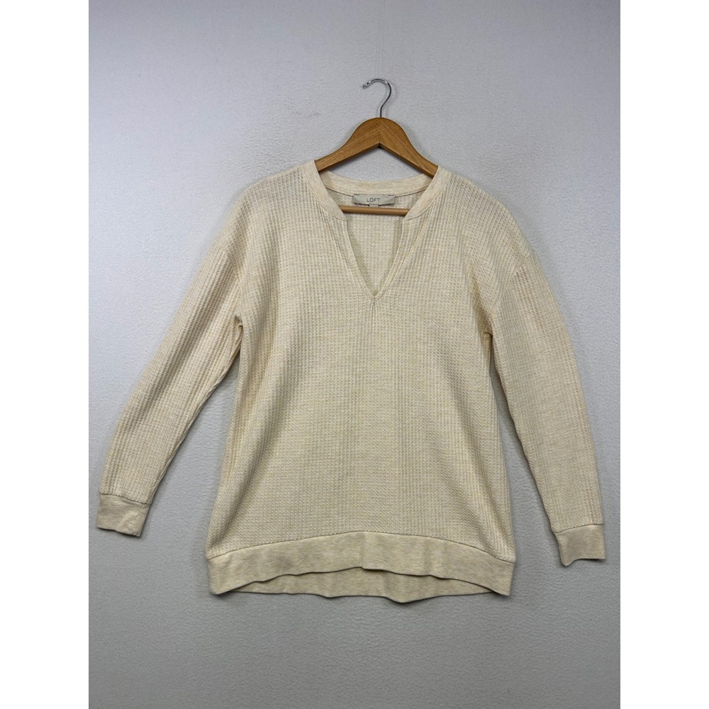 Minimalist Loft Women Small Cream Waffle Knit Split V-Neck Long Sleeve Top Cozy